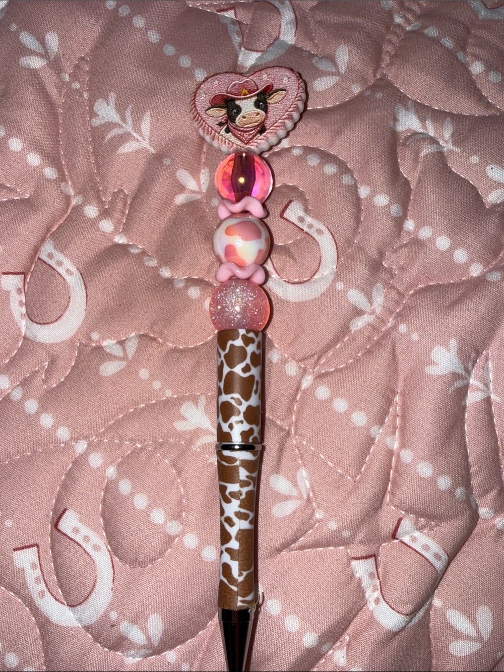 Pink Cow Print Beaded Pen with Heart Cow Charm